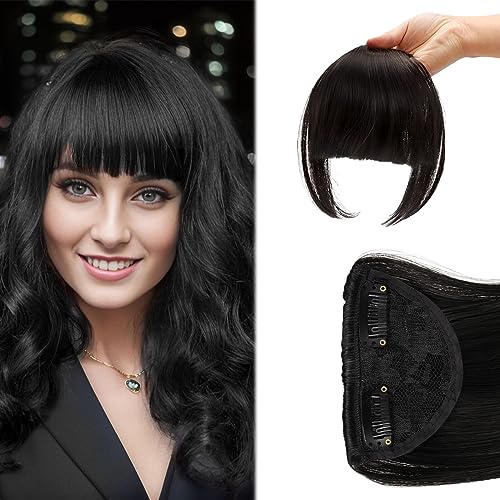 Clip in Bangs Clip in Pony Haarteil Pony Haare Clip in Extensions Haarverlängerungen Synthetische Front Fringe Pony Haarteile One Piece Human Hair Clip Pony Echthaar Fringe Bangs für Frauen (Schwarz) von YUFFQOPC