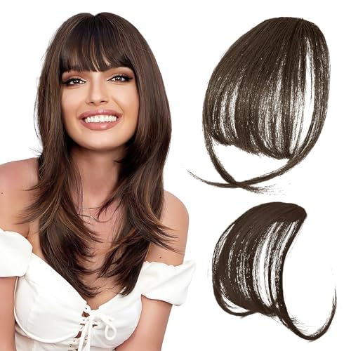 Clip in Bangs Echthaar Front Fringe Air Bangs Haarverlängerungen Pony Haare Haarverlängerungen Synthetische Front Fringe Haarteile Natürliche Dünn Fringe Bang Haar für Frauen Mädchen (Dunkles Braun) von YUFFQOPC