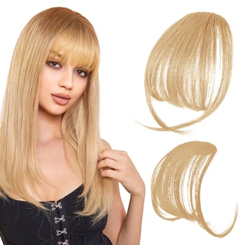 Clip in Bangs Echthaar Front Fringe Air Bangs Haarverlängerungen Pony Haare Haarverlängerungen Synthetische Front Fringe Haarteile Natürliche Dünn Fringe Bang Haar für Frauen Mädchen (Gold) von YUFFQOPC