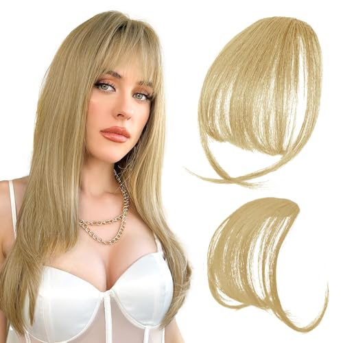 Clip in Bangs Echthaar Front Fringe Air Bangs Haarverlängerungen Pony Haare Haarverlängerungen Synthetische Front Fringe Haarteile Natürliche Dünn Fringe Bang Haar für Frauen Mädchen (Grau-Gold) von YUFFQOPC