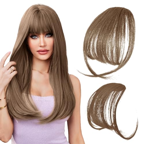 Clip in Bangs Echthaar Front Fringe Air Bangs Haarverlängerungen Pony Haare Haarverlängerungen Synthetische Front Fringe Haarteile Natürliche Dünn Fringe Bang Haar für Frauen Mädchen (Hellbraun) von YUFFQOPC