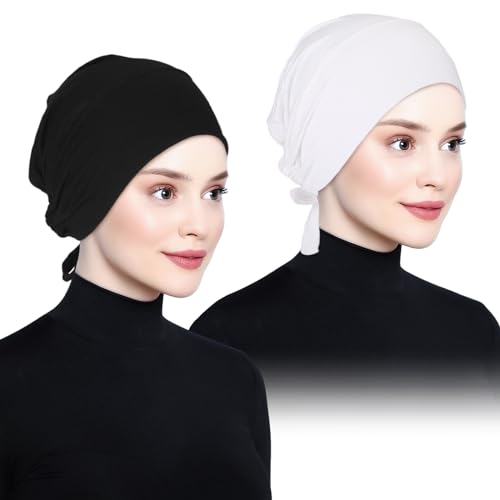 Hijab Kopftuch,Damen Frauen Undercap Hijab Unterschal Hijab Islamische Muslimische Unterschal Hijab Closure Solid Color Unter Schal Hijab Kopfbedeckung Chemo Kopftuch Schlafmütze (schwarz+weiß) von YUFFQOPC