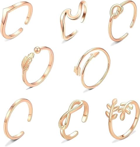 Silber Ringe Set Stapelbare Offene Ringe Set Verstellbare Finger Ringe Offene Knoten Verschiedene Stapelbare Strand Schmuck Minimalistischer Zehenring Verstellbar für Frauen Mädchen (Roségold) von YUFFQOPC