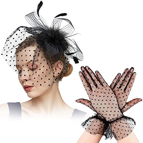 YUFFQOPC 1950s Fascinator Hat Hut Damen Elegant Women's Lace Glove Set Black Headpiece Hair Accessories 1950s Party Costume Cocktail Tea Party Headwear with Women Short Lace Gloves, black von YUFFQOPC