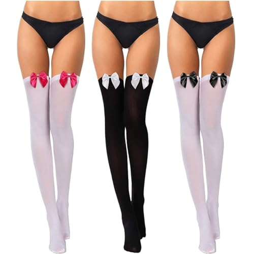 YUFFQOPC 3 Paar Damen Kniestrümpfe Damen Schleife Kniestrümpfe Sexy Overknee Strümpfe Frauen Kniestrümpfe Socken Thigh High Socks für Damen Kostüm Outfit Accessoire von YUFFQOPC