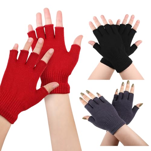 YUFFQOPC 3 Pairs Fingerless Gloves Winter Fingerlose Handschuhe Knitted Rheuma Hilfsmittel Office for Men Women Black, Dark Grey, Red von YUFFQOPC