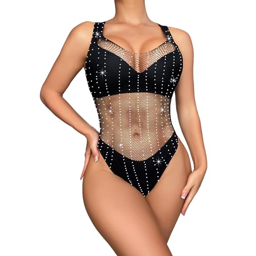 YUFFQOPC Dessous Damen,Damen Neckholder Body Mesh Bodysuit Strass besetzt Bodysuit Ohne Ärmel Slim Bodies Oberteil Overall Sexy Teil Spitzen Bodysuit Elegant Bodys Tops Sexy Damen Outfit von YUFFQOPC