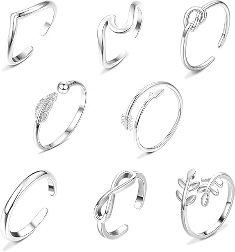 YUFFQOPC Silber Ringe Set Stapelbare Offene Ringe Set Verstellbare Finger Ringe Offene Knoten Verschiedene Stapelbare Strand Schmuck Minimalistischer Zehenring Verstellbar für Frauen Mädchen (Silber) von YUFFQOPC