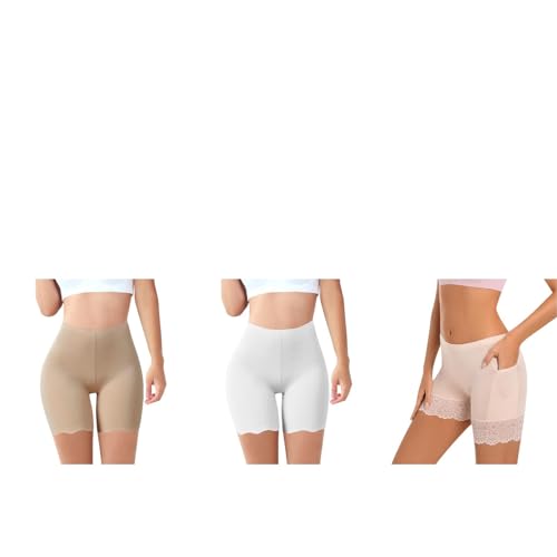 3 Paar Unterrock Shorts für Frauen Sicherheitshose Tanzen Spitze Leggings Yoga Sport Unterwäsche Boxer Slipshort Schlüpfer Leggings Unter Kleider Unterwäsche -Scheuer Shorts (Beige+White+Beige-b, M) von YUGHGH