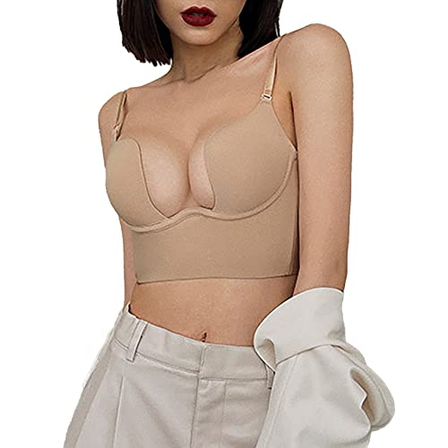 BH mit Niedrigem Rücken für Frauen Push Up Rückenfreier BH Tiefer V-Ausschnitt Unsichtbare Ausgeschnittene BHS Rückenausschnitt-Nahtlose für Rückenfreies Kleid Abnehmbar Träger (Beige, M) von YUGHGH