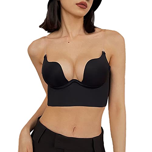 BH mit Niedrigem Rücken für Frauen Push Up Rückenfreier BH Tiefer V-Ausschnitt Unsichtbare Ausgeschnittene BHS Rückenausschnitt-Nahtlose für Rückenfreies Kleid Abnehmbar Träger (Black, M) von YUGHGH