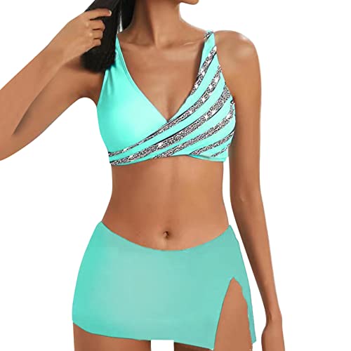 Bikini Damen GroßE Brüste Bauchweg Zweiteiliger Push Up Sexy Farbblockdruck Brustpolster Swimsuit Set Triangel Bikini Swimsuit Beachwear Leopard Front (Mint Green-5, XL) von YUGHGH