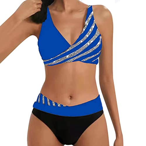 YUGHGH Bikini Damen GroßE Brüste Bauchweg Zweiteiliger Push Up Sexy Farbblockdruck Brustpolster Swimsuit Set Triangel Bikini Swimsuit Beachwear Leopard Front (Blue-7, XXL) von YUGHGH