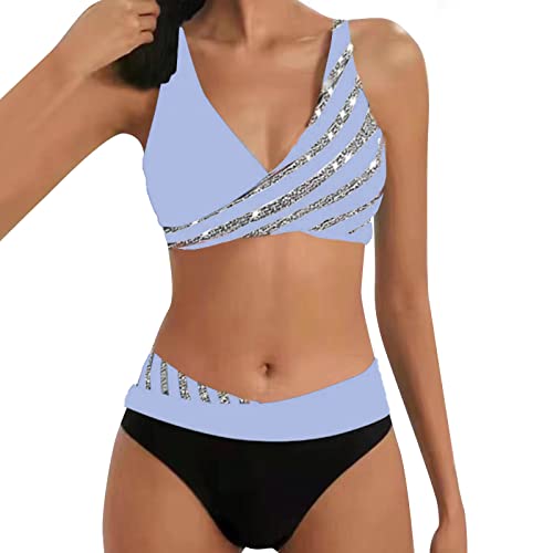 YUGHGH Bikini Damen GroßE Brüste Bauchweg Zweiteiliger Push Up Sexy Farbblockdruck Brustpolster Swimsuit Set Triangel Bikini Swimsuit Beachwear Leopard Front (Light Blue-7, XL) von YUGHGH