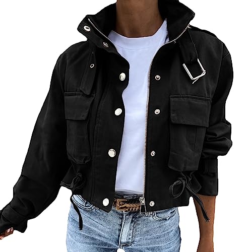 YUGHGH Bomberjacke Damen Langarm Leicht Kurze Jacke Herbst Winter Reißverschluss Stehkragen Casual Coat Outwear von YUGHGH