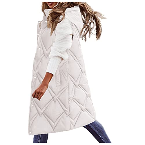 YUGHGH Daunenweste Für Damen,Warmer Daunenmantel/Hooded/Leichte Gesteppte Weste/Medium Lange Dicker Lose Slim Zip/Gilet Für Damen Winter Outdoor Klettern Reisen Daunenmantel (A06#Beige, XXL) von YUGHGH