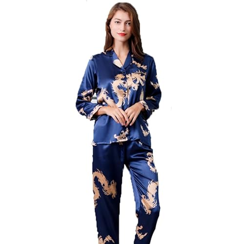 YUHOOE Damen Schlafanzug Lang Satin Pyjama,Damen Seidensatin Pyjama Set 2Pcs Langarm Hose Chinesischer Stil Neujahr Drachendruck Nachtwäsche Herren Paar Pyjama Loungewear(Blau),Damen,M. von YUHOOE