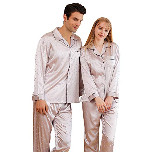 YUHOOE Damen Schlafanzug Lang Satin Pyjama,Paar Pyjamas Seidenset Für Frau & Mann Langarm Damen Turn-Down Kragen Satin Pyjama Sets Seide Nachtwäsche Loungewear Homewear(Grau),Herren,L. von YUHOOE