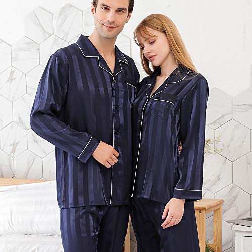 YUHOOE Damen Schlafanzug Lang Satin Pyjama,Paar Pyjamas Seidenset für Frau & Mann Langarm Classic Satin Pyjamas Set Nachtwäsche Loungewear Homewear(Blaue Streifen),Herren,L. von YUHOOE