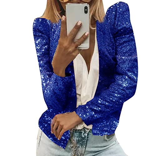 Damen Pailletten Cardigan Jacke Langarm Glitzer Bomberjacke Party Club Jacke Pailletten-Blazer Damen Elegant Tailliert Anzugjacke Glitzer Tops Kurz Oberteile Blazer Glitzer Outfits (Blue, XXXL) von YUHYtop