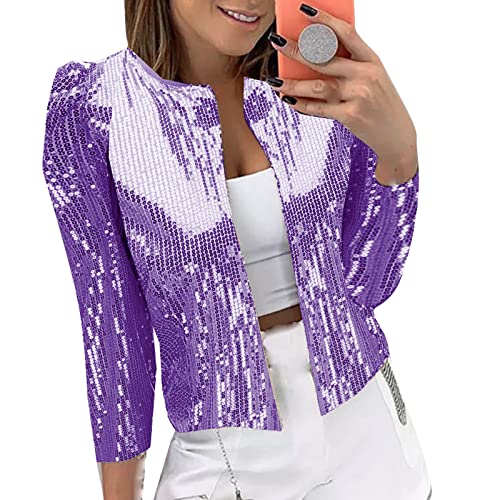 Damen Pailletten Cardigan Jacke Langarm Glitzer Bomberjacke Party Club Jacke Pailletten-Blazer Damen Elegant Tailliert Anzugjacke Glitzer Tops Kurz Oberteile Blazer Glitzer Outfits (Purple, M) von YUHYtop