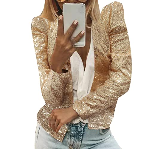 Damen Pailletten Cardigan Jacke Langarm Glitzer Bomberjacke Party Club Jacke Pailletten-Blazer Damen Elegant Tailliert Anzugjacke Glitzer Tops Kurz Oberteile Blazer Glitzer Outfits Clubwear (Gold, XL) von YUHYtop