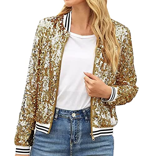 Damen Pailletten Cardigan Jacke Langarm Glitzer Bomberjacke Party Club Jacke Pailletten Jacke Damen Elegant Tailliert Anzugjacke Glitzer Tops Kurz Oberteile Glitzer Outfits Clubwear (Y5-Gold, M) von YUHYtop