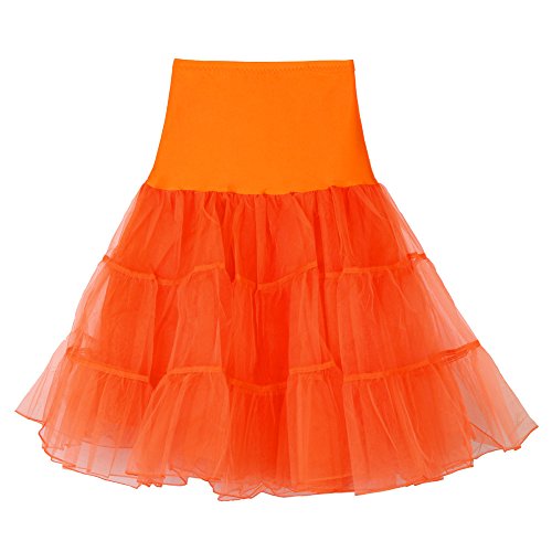 Karneval Kostüm Damen Tüllrock Petticoat Unterrock Reifrock Underskirt für 1950er Rockabilly Kleid Kurz Ballkleid Tanzkleid Damen Vintage A-Linie Tütü Röcke 80er Jahre Party Puffy (Z2-Orange, M) von YUHYtop