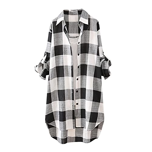 Lang Kariert Shirt Damen Leinenhemd Lange Blus Frühling Rever Langarmshirt Knopfleiste Hemd Leinenbluse Lose Longbluse Blusenshirt Oberteile Tops Hemdjacke Karierte Hemd Bluse Mantel (A-Schwarz, M) von YUHYtop