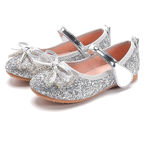 YUKQEYLE Mädchen Mary Jane Flache Schuhe Glitzer Prinzessin Schuhe Kinder Ballett Schuhe Glänzende Hochzeit Kleid Schuhe Party Geburtstag (27 EU-B-Silber) von YUKQEYLE