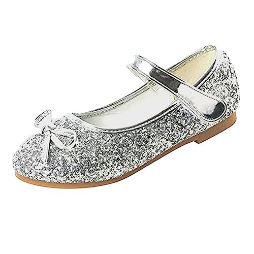 YUKQEYLE Glitzer Schuhe Mädchen Prinzessinen Schuhe Ballerinas Mädchen Kinder Glitzer Ballerinas Mary Jane Flache Schuhe Kristall Sandalen Hochzeit Partei(26EU-Silber) von YUKQEYLE