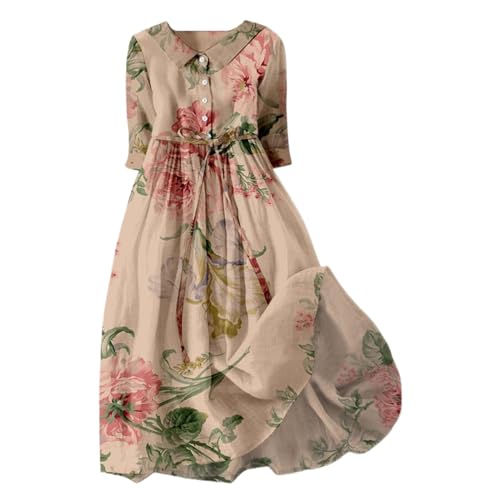 Damen Kleider Elegant V-Ausschnitt 3/4 Arm Leinenkleid Bohemian Blumen Sommerkleider A-Linie Strandkleid Casual Midi Kleid mit Taschen Lose Freizeitkleid Knielang Blumenkleid von YULONGESS