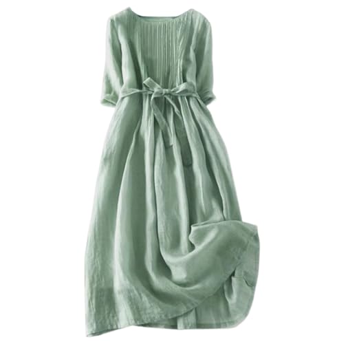 Damen Kleider Elegant V-Ausschnitt 3/4 Arm Leinenkleid Bohemian Blumen Sommerkleider A-Linie Strandkleid Casual Midi Kleid mit Taschen Lose Freizeitkleid Knielang Blumenkleid von YULONGESS