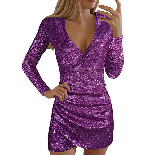 Damen Paillettenkleid, V Ausschnitt Partykleid, Langarm Festliche Kleider, Glitter Prom Party Cocktailkleider, Rockabilly Bleistiftkleid, für Hochzeit Vintage Kleid, Abendkleider, Silvester Kleid von YULONGESS