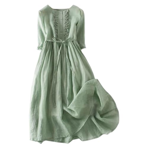 Sommerkleid Damen Leicht Leinen Kleider 3/4 Arm V-Ausschnitt Summer Dress Vintage Boho Strandkleider A-Linie Freizeitkleid Blumenmuster Leinenkleid Knielang Sommerkleider Midi Kleid mit Taschen von YULONGESS