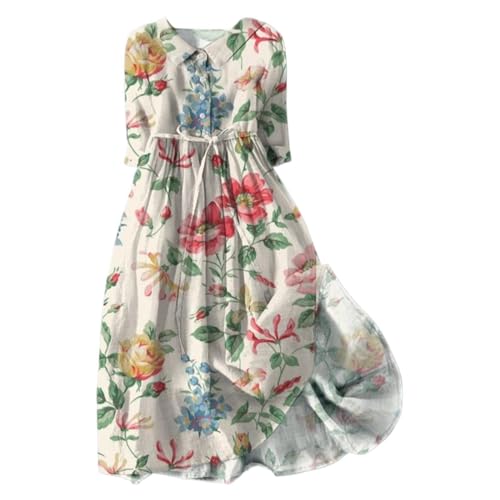 Strandkleid Damen Sommer Leinenkleid 3/4 Ärmel V-Ausschnitt Sommerkleid Boho Blumenkleid A-Linie Casual Midikleid Blumenmuster Freizeitkleider Wickelkleid mit Taschen von YULONGESS