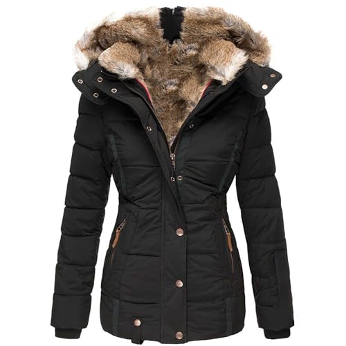 Wintermantel Damen Lang: Winddichter Jacke-Parka, Einfarbig Winterjacke, Dicker Gefüttert Pufferjacken, mit Kapuze Steppjacke, Vintage Übergangsjacke, Hoodies Daunen Mantel Fleecejacke Herbstmantel von YULONGESS