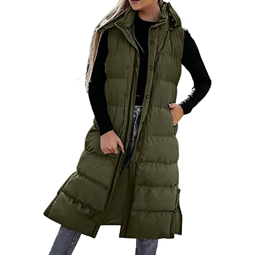 YULONGESS Lange Weste Damen,Weste Mit Kapuze Ärmellose Steppjacke Damen Lang Weste Reißverschluss Mantel Warmer Daunenmantel Steppweste Wintermantel Pufferjacke Casual Gilet Daunenweste von YULONGESS