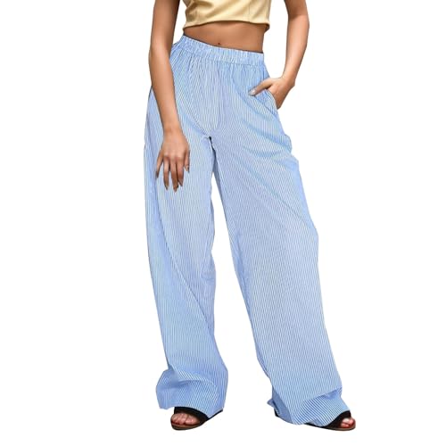 YULONGESS Y2K Gestreifte Loungehose für Damen Elastischer Taillen Leinenhosen Weites Bein Pyjamashosen Lockere Freizeithose Hose mit Taschen Bequeme Weiche Schlafanzughose Y2K Cargohose Streetwear von YULONGESS