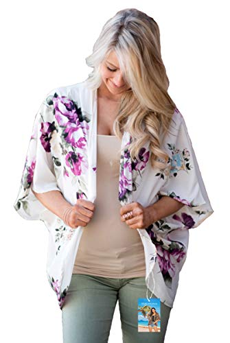 YULOONG Damenmode Bademode Vertuschung Chiffon Blumendruck Kimono Lose Schal Strickjacke Sommer Bluse Bademode Capes, Weiß A, M von YULOONG