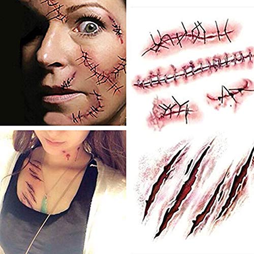 YULOONG Horror Realistische Gefälschte Blutige Wunde Stich Narbe Schorf Wasserdicht Temporäre Tätowierung Aufkleber Halloween Maskerade Streich Make-Up Requisiten 10 PCS von YULOONG