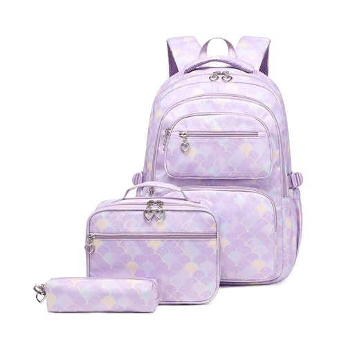 YUNNESS 3-teiliges Nylon-Schulrucksack-Set, leicht, Bedruckt, für Teenager und Mädchen, Büchertaschen, isolierte Lunchtasche, Federmäppchen für Studenten von YUNNESS