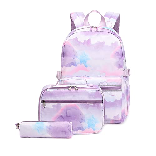 YUNNESS Nylon-Schulrucksack-Set, 3-teilig, leicht, für Teenager und Mädchen, Büchertaschen, isolierte Lunchtasche, Federmäppchen von YUNNESS