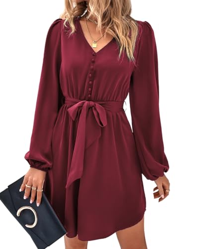 YUTILA Damen Elegant Blusenkleid V-Ausschnitt Langarm Herbst Tunika Kleider mit Kordelzug Einfarbig Freizeitkleid YUTILA Damen Elegant Blusenkleid V-Ausschnitt Langarm Herbst Tunika Kleider mit Kordelzug Einfarbig Freizeitkleid von YUTILA