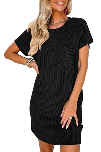 YUTILA Sommer Kurzarm Shirtkleider Rundals Mini Lockere Rib Knit Bequeme Sommerkleid Strandkleid Freizeitkleider mit Brusttasche von YUTILA