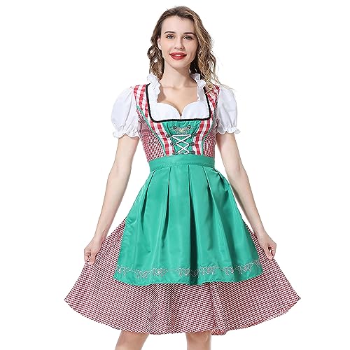 YUUGYD Dirndl Damen Trachtenkleid Oktoberfest Trachtenmode Dirndl Kleidung - Blumenbesatz kariertes Dirndl Kostüm - perfekt für Oktoberfest Fasching Outfit, Karneval Kostüm - 0050# Grün - 38 von YUUGYD