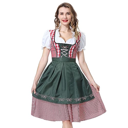 YUUGYD Dirndl Damen Trachtenkleid Oktoberfest Trachtenmode Dirndl Kleidung - Blumenbesatz kariertes Dirndl Kostüm - perfekt für Oktoberfest Fasching Outfit, Karneval Kostüm - 0050# Tinte grün - 34 von YUUGYD