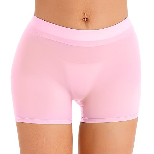 YUUMIN Halb Transparent Shorts Damen Sexy Skinny Kurze Hose Glossy Leggings Stretch Low Waist Dessous Unterwäsche Party Clubwear Rosa Einheitsgröße von YUUMIN