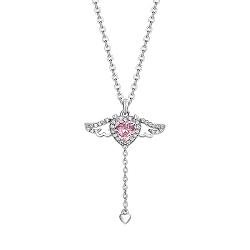 Kette für Mama Rosa Kristall Engelsflügel Herz Anhänger Halskette für Frau minimalistischen Schmuck Mädchen Halskette elegante Strass Halskette Anhänger Hundehalsband Gravur (Pink-3, One Size) von YWJewly