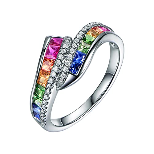 YWJewly Natürlicher Silber Edelstein Eingelegter Regenbogen farbiger Edelstein Ring Finger Schmuck Geburtstag Vorschlag Geschenk Braut Verlobungsfeier Ring Schwung Ringe (A, One Size) von YWJewly